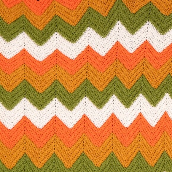 Chevron Afghan Throw Blanket VTG Orange Green Yellow Crochet Zigzag 70s 80s - Picture 2 of 5